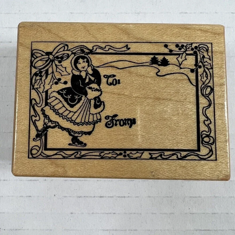 PSX F-392 Christmas Rubber Stamp GIRL ICE SKATING VINTAGE TO/FROM TAG LABEL